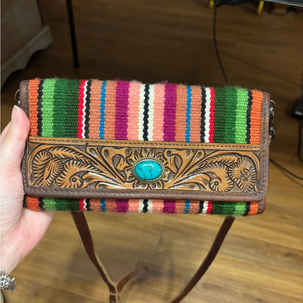Colorful Serape American Darling Crossbody Wallet with Floral Tooling